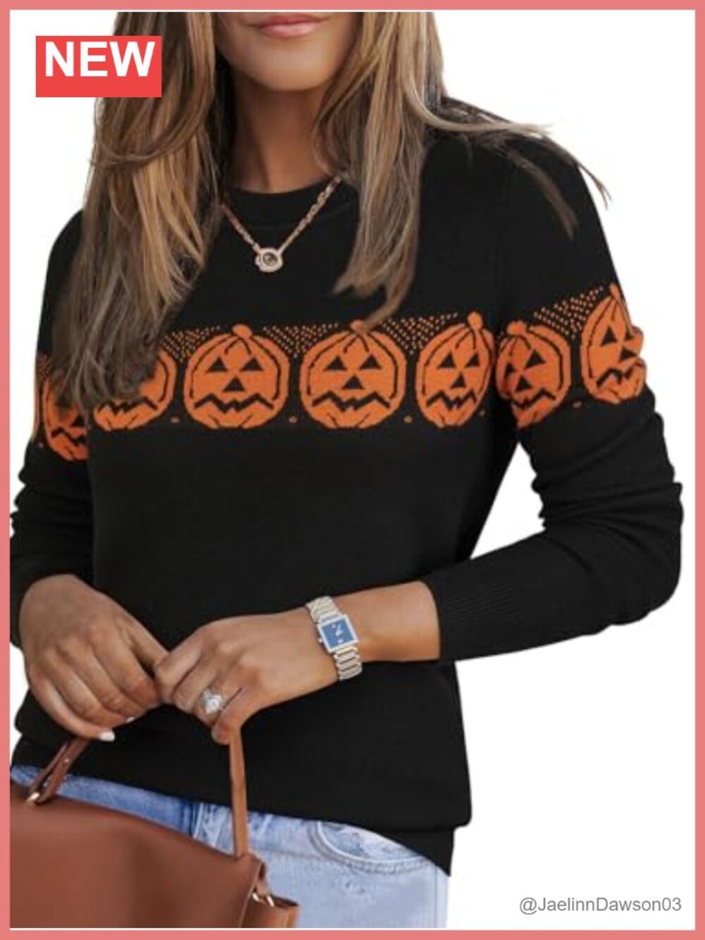Wool Blend Crew Neck Pullover Sweater Halloween Pumpkin Print Fall